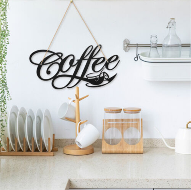 Metal Coffee Cup Wall Hanging Decoration Iron Hanging Coffee Bar Decoration Iron Wire Letter Signs - Wallers